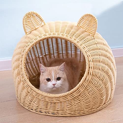 Bequemes Liegen aus PP-Material, Katzenbett, Handgewebtes, Halbgeschlossenes Katzenhaus aus Rattanimitat mit Breiter Öffnung, Leicht zu Schlafen, zu Bewegen und mit (45 x 45 cm) von Brrnoo