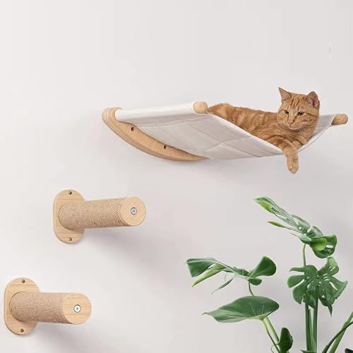 Brrnoo Wand Montierte Katzen Kletter Stufen mit Hängematte, Robustes Birkenholz-Katzen Wand Möbel für, Einnehmendes, Platzsparendes Spiel von Brrnoo