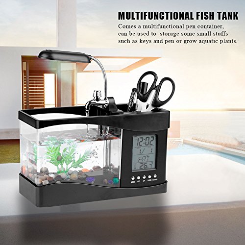 Multifunktionales Wiederaufladbares USB-Mini-Aquarium mit LED-Licht und Digitalanzeige für Heim- und Bürodekoration, Musikwiedergabe (Black) von Brrnoo