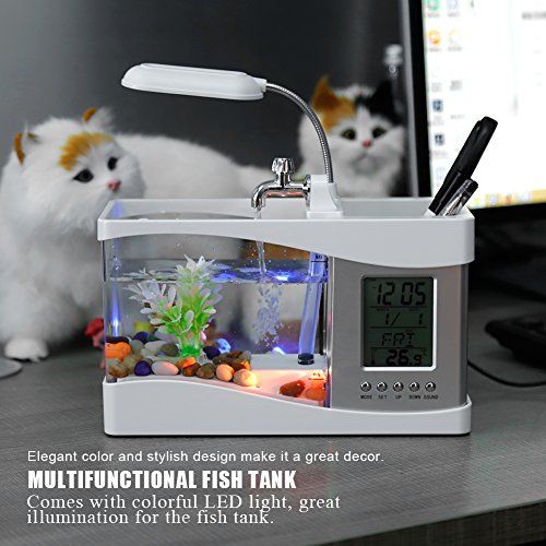 Multifunktionales Wiederaufladbares USB-Mini-Aquarium mit LED-Licht und Digitalanzeige für Heim- und Bürodekoration, Musikwiedergabe (White) von Brrnoo