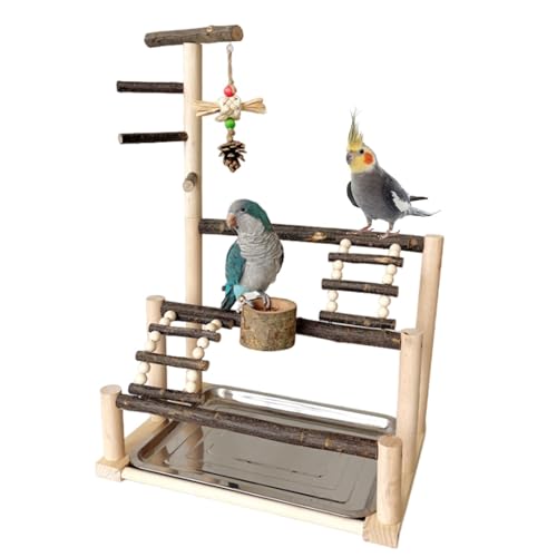 Bird Playing Stand, Innovative Parakeet Playground, 15.75x10.63x23.23 Inches, Natural Wood Parrot Play Gym, Cage Accessory with Feeding Cups, Parrot Perch for Budgies, Cockatiels von Bsbkoj