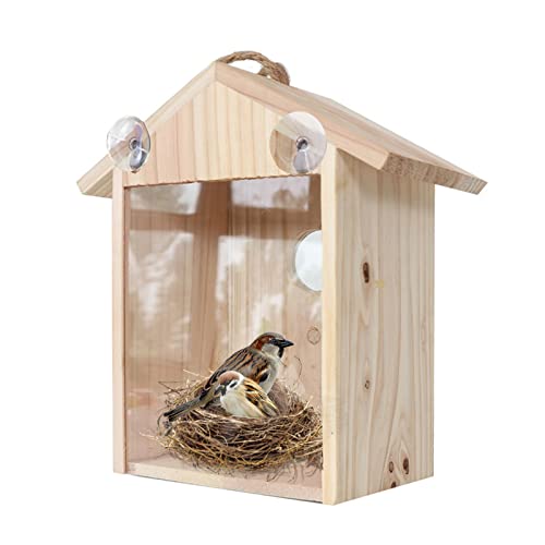 Bseical Vogelhaus Fenster Saugnapf, Nistkasten Meisen Holz, Vogelhäuschen Zum Aufhängen Wetterfest, Vogelnest, Nistkasten Naturholz Wandmontage Outdoor Garten Haus Pro Spatzen Turmfalke Glas Sichtbar von Bseical