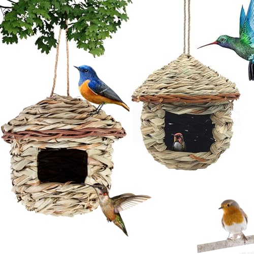 2 Stück Vogelnest, Nistkästen, Handgewebte Vogelhäuser, Vogelhäus zum Aufhängen, Gras Bird Nest für Wellensittich Meise, Kanarienvogel, Amsel, Hummingbird, Rotkehlchen und Zaunkönig von Bssowe