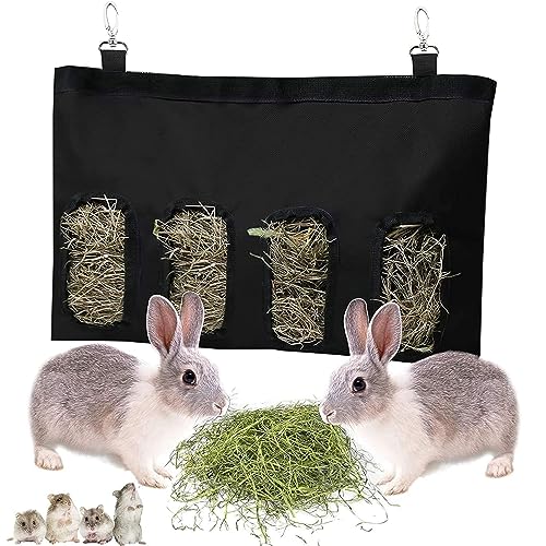 Kaninchen Futterspender Stoffbeutel, Meerschweinchen Heu Futterspender, Hase Futterspender Sack, Hängender Futtersack, Heutasche für Hase, Chinchilla, Hamster und Kleine Tiere (4 Öffnungen, Schwarz) von Bssowe