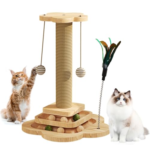 3 in 1 Katzenspielzeug, Holz Roller Katzen Interaktives Spielzeug, Doppelschicht Drehteller Kratzbaum Kratzsäule, Sisalseil mit Hängenden Bällen & Feder für kleine bis mittelgroße Katzen (29x40cm) von Btstil