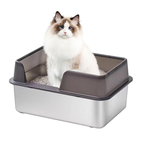 Btstil Edelstahl Katzenklo Groß, XXL Offene Edelstahl Katzentoilette, Litter Box Katzenklo für Große Katze & Häschen, Offenes Hochrand mit Schaufel, Niemals Gerüche (Schwarz, 50x35x20cm) von Btstil