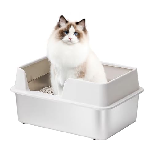 Btstil Edelstahl Katzenklo Groß, XXL Offene Edelstahl Katzentoilette, Litter Box Katzenklo für Große Katze & Häschen, Offenes Hochrand mit Schaufel, Niemals Gerüche (Weiß, 50x35x20cm) von Btstil