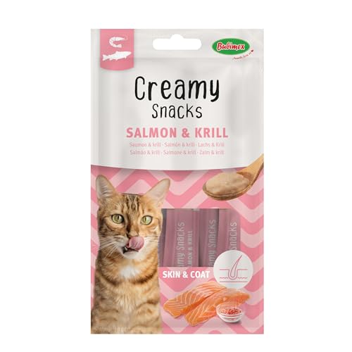 Bubimex - Creamy Snacks Lachs und Krill – Leckcreme für Katzen – Glatte, geschmeidige und appetitliche Textur – Stimuliert den Appe und fördert die Flüssigkeitszufuhr – 4 x 15 g von Bubimex