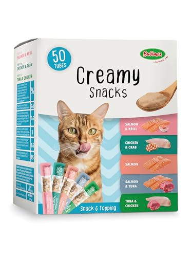 Bubimex - Creamy Snacks Multipack – Leckcreme für Katzen – Glatte, cremige und appetitliche Textur – Stimuliert den Appe und fördert die Flüssigkeitszufuhr – 50 x 15 g von Bubimex