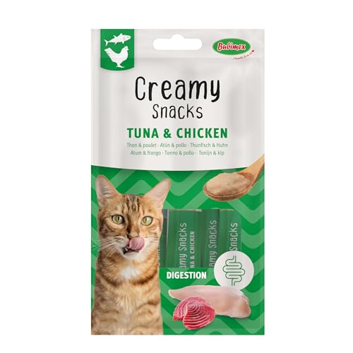 Bubimex - Creamy Snacks Thunfisch und Huhn – Leckcreme für Katzen – Glatte, geschmeidige und appetitliche Textur – Stimuliert den Appe und fördert die Flüssigkeitszufuhr – 4 x 15 g von Bubimex