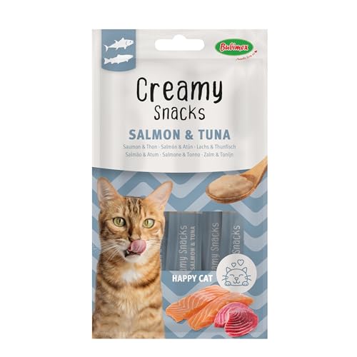 Bubimex - Creamy Snacks Thunfisch und Lachs – Leckcreme für Katzen – Glatte, cremige und appetitliche Textur – Stimuliert den Appe und fördert die Flüssigkeitszufuhr – 4 x 15 g von Bubimex