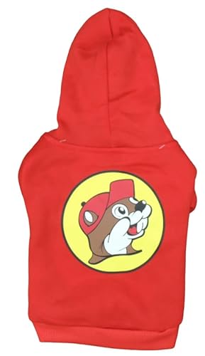 Buc-ee's Hunde-Shirt, Haustierkleidung, Größe S, M, L, mit Kapuze, solf-Material – Krawatte – rot – atmungsaktiv – Biber-Logo (roter Kapuzenpullover, Größe L) von Buc-ee's