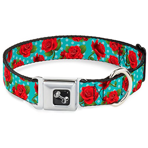 Buckle-Down 22,9–38,1 cm rot Rosen/Polka Dots Punkte TÜRKIS Hunde-Halsband mit Knochen, klein von Buckle-Down