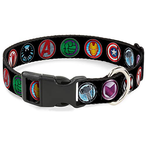 Buckle-Down 9Avenger Icons Marvel Avengers Kunststoff-Clip-Halsband, 45,7–81,3 cm, Schwarz/Mehrfarbig von Buckle-Down