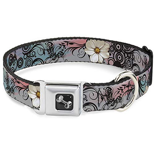 Buckle-Down Hundehalsband mit Sicherheitsgurtschnalle, Blumen mit filigranem Rosa, 3,8 cm breit, passend für Halsumfang von 40,6–58,4 cm, Größe M von Buckle-Down