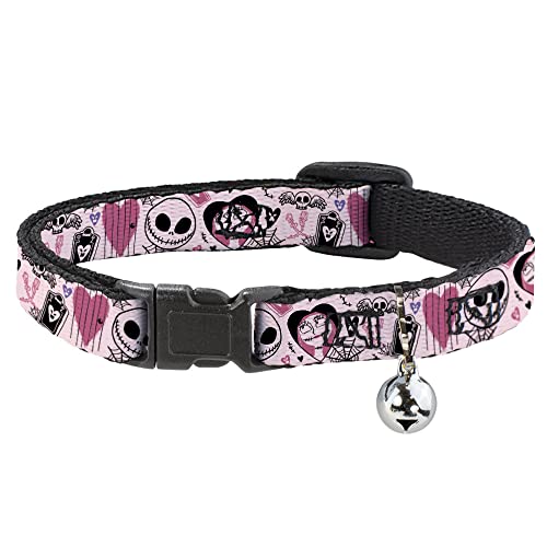 Buckle-Down Disney Katzenhalsband, Breakaway-Halsband mit Glocke, The Nightmare Before Christmas Jack und Sally Doodles Pink, 21,6 bis 30,5 cm, 1,3 cm breit von Buckle-Down