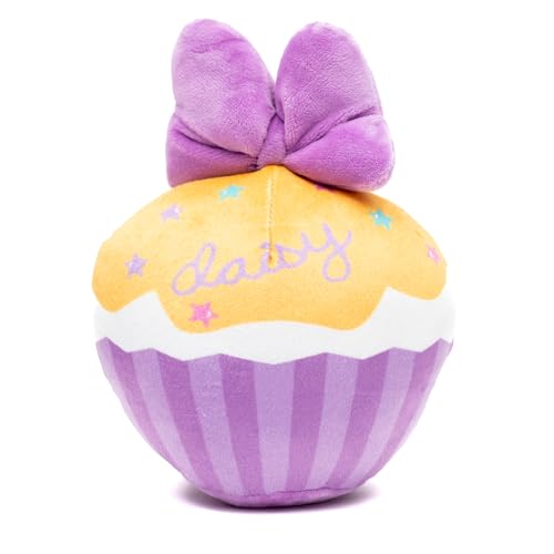 Buckle-Down Disney Quietschendes Plüsch-Hundespielzeug für große, mittelgroße und kleine Hunde, Gänseblümchen-Enten-Schriftzug Cupcake mit rosa Schleife, 8,9 x 11,4 cm von Buckle-Down