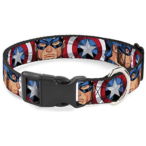 Buckle-Down Hundehalsband, Kunststoff-Clip, Captain America, Gesicht, drehbar, Nahaufnahme, 20,3 bis 30,5 cm, 1,3 cm breit von Buckle-Down