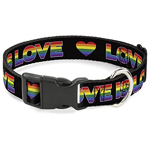 Buckle-Down Hundehalsband, Kunststoffclip, Love is Love, Herz, Schwarz, Regenbogen, 38,1 cm bis 66 cm, 2,5 cm breit von Buckle-Down