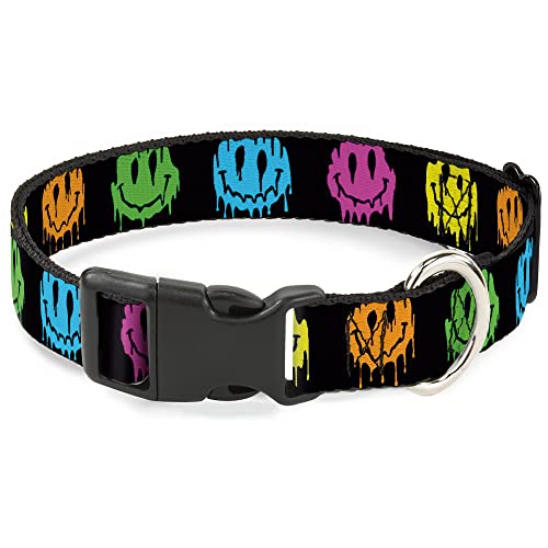 Buckle-Down Hundehalsband, Kunststoffschnalle, Smiley-Gesicht, geschmolzen, wiederholt sich wiederholend, Schwarz, Neon, 17,8 bis 21,6 cm, 1,3 cm breit von Buckle-Down