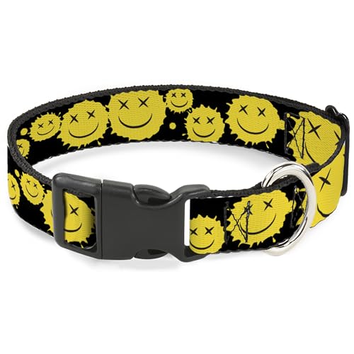 Buckle-Down Hundehalsband, Kunststoffschnalle, Smiley-Gesicht, verstreut, schwarz-gelb, 21,6 bis 30,5 cm, 1,3 cm breit von Buckle-Down