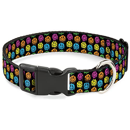 Buckle-Down Hundehalsband, Kunststoffschnalle, Smiley-Gesichter, geschmolzene Mini-Wiederholung, schwarz, Multi-Neon, 24,1 bis 33 cm, 2,5 cm breit von Buckle-Down