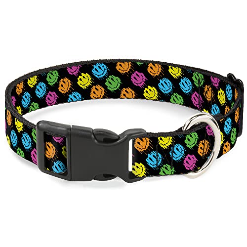 Buckle-Down Hundehalsband, Kunststoffschnalle, Smiley-Gesichter, geschmolzener Mini-Wiederholungswinkel, Schwarz, Neon, 17,8 bis 21,6 cm, 1,3 cm breit von Buckle-Down