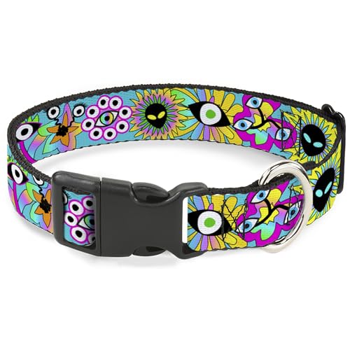 Buckle-Down Hundehalsband, Kunststoffschnalle, flippige Alien-Blumen, Aquablau, mehrfarbig, 24,1 bis 33 cm, 2,5 cm breit von Buckle-Down