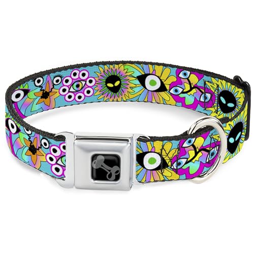 Buckle-Down Hundehalsband, Metall-Sicherheitsgurtschnalle, flippige Alien-Blumen, Aquablau, mehrfarbig, 38,1 bis 61 cm, 2,5 cm breit von Buckle-Down