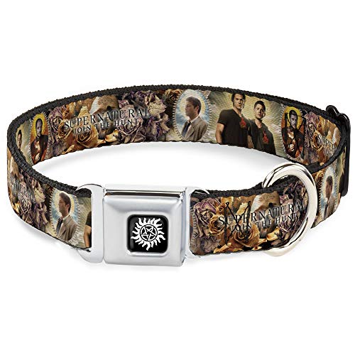 Buckle-Down Hundehalsband, Sicherheitsgurt-Schnalle, Supernatural, 4 Charaktere, Saintly Icons, Totenkopf-Rosen, 2,5 cm breit, passend für 22,9–38,1 cm Halsumfang – Größe S, DC-SB-SNA-WSN025-1.0-S von Buckle-Down