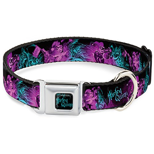 Buckle-Down Hundehalsband mit Schnalle für Harley Quinn Pow Aiming Poses Joker Schwarz Türkis Fuchsia 38,1 bis 66 cm breit 2,5 cm breit Mehrfarbig (DC-WJK047-L) von Buckle-Down