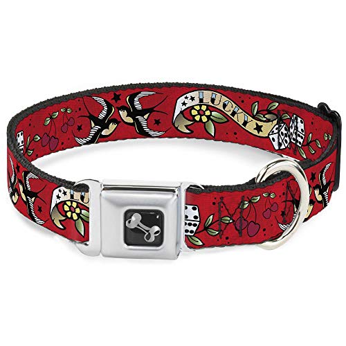 Buckle-Down Hundehalsband mit Sicherheitsgurtschnalle, Lucky Red, 2,5 cm breit, passend für Halsumfang von 27,9–43,2 cm, Größe M von Buckle-Down