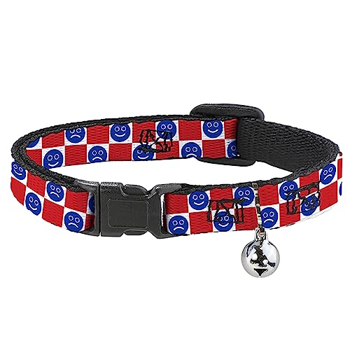 Buckle-Down Katzenhalsband, Breakaway-Halsband mit Glöckchen, Smiley, trauriges Gesicht, Karo, Rot, Weiß, Blau, 21,6 bis 30,5 cm breit von Buckle-Down