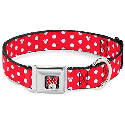 Buckle-Down Sicherheitsgurt-Schnalle, Hundehalsband, Minnie Mouse, gepunktet, Mini-Silhouette, Rot/Weiß, 3,8 cm breit, passend für Halsumfang von 33–45,7 cm, Größe S von Buckle-Down