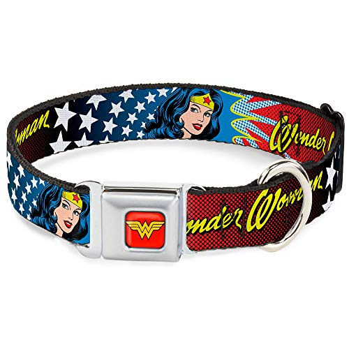 Buckle-Down Seatbelt Buckle Dog Collar - Wonder Woman Face w/Stars - 1" Wide - Fits 11-17" Neck - Medium von Buckle-Down