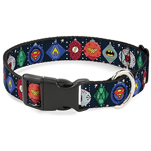 DC Comics Hundehalsband, Kunststoffschnalle, DC Comics Justice League Holiday Ornament Ikonen und Sterne, 24,9 bis 33 cm, 2,5 cm breit von Buckle-Down