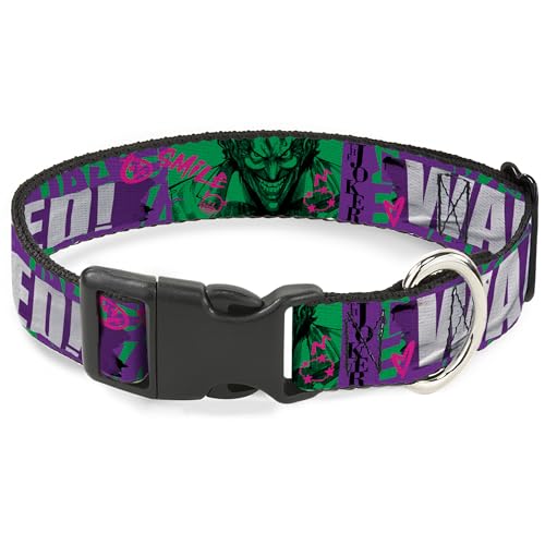 DC Comics Hundehalsband, Kunststoffschnalle, The Joker Wanted Smiling Pose und Graffiti, Violett-Grün, 24,1 bis 37,8 cm, 1,3 cm breit von Buckle-Down