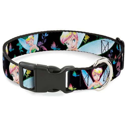 Disney Hundehalsband, Kunststoffschnalle, leuchtende Tinker-Blocke, Schmetterlinge, Blumen, Schwarz, Neon, 38,1 bis 61 cm, 2,5 cm breit von Buckle-Down