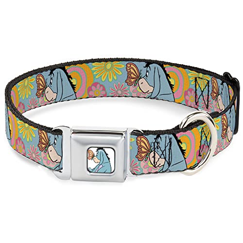 Disney Hundehalsband, Metall-Sicherheitsgurtschnalle, Winnie Puuh I-Aah Schmetterlings-Pose, Blumencollage, Blau, 24,9 bis 33 cm, 2,5 cm breit von Buckle-Down