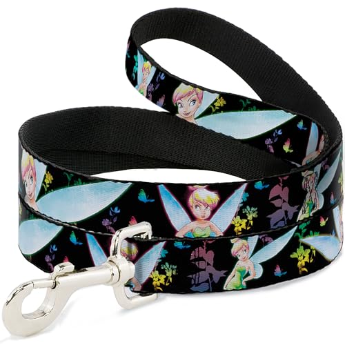 Disney Hundeleine, leuchtende Tinker-Blocke, Schmetterlinge, Blumen, Schwarz, Neon, 122 cm lang, 1,3 cm breit von Buckle-Down