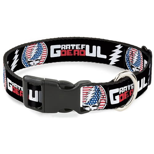 Grateful Dead Hundehalsband mit Kunststoffschnalle, Schnellverschluss, leicht verstellbar, Text und Steal Your Face Stars and Stripes Logo, 28,9 cm bis 41,5 cm, 2,5 cm breit von Buckle-Down