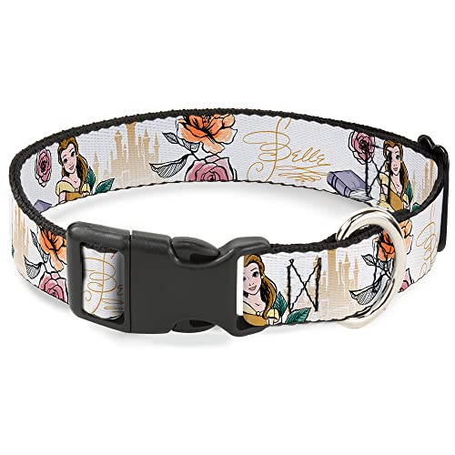 Hundehalsband, Plastikclip, Die Schöne und das Biest, Belle Pose mit Schrift und Blumen, Weiß, 33 bis 43 cm, 3,8 cm breit von Buckle-Down