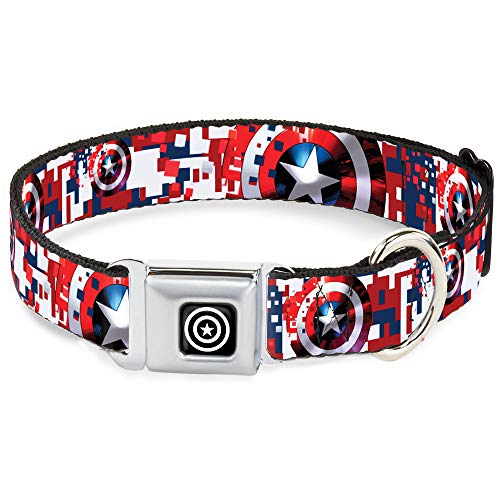 Hundehalsband mit Sicherheitsgurtschnalle, Captain America Shield Digital Camo Blau Weiß Rot 45,7 bis 81,3 cm breit, DC-WCA041-WL von Buckle-Down