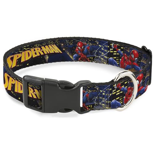 Marvel Comics Hundehalsband, Kunststoffschnalle, Spider-Man-Titel-Logo und Action-Skyline-Posen, 38,1 bis 61 cm, 2,5 cm breit von Buckle-Down