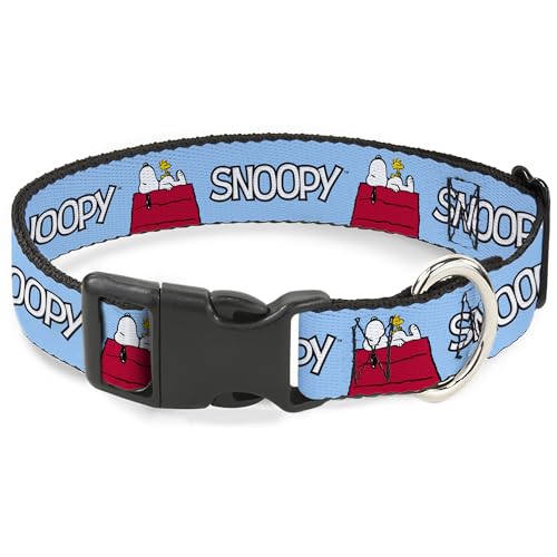 Peanuts Worldwide LLC Hundehalsband, Kunststoffschnalle, Peanuts Snoopy und Woodstock Hundehütte, Pose und Text, Himmelblau, 17,8 bis 21,6 cm, 1,3 cm breit von Buckle-Down