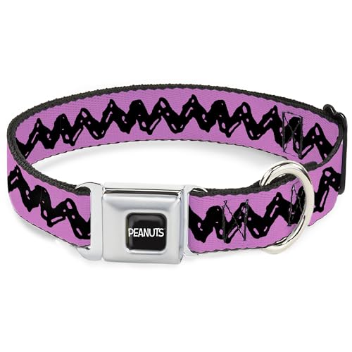 Peanuts Worldwide LLC Hundehalsband, Metall-Sicherheitsgurtschnalle, Peanuts Charlie Brown Zickzack-Streifen, Rosa/Schwarz, 40,6 bis 58,9 cm 3,8 cm breit von Buckle-Down