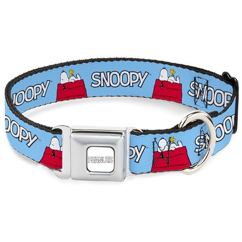 Peanuts Worldwide LLC Hundehalsband, Metall-Sicherheitsgurtschnalle, Peanuts Snoopy und Woodstock, Hundehüttenhaltung und Text, Himmelblau, 50,8 bis 78,9 cm, 3,8 cm breit von Buckle-Down