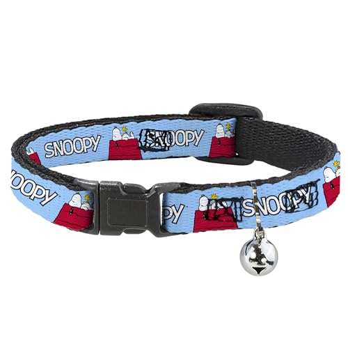 Peanuts Worldwide LLC Katzenhalsband, Breakaway-Halsband mit Glöckchen, Peanuts Snoopy und Woodstock, Hundehütten-Pose und Text, Himmelblau, 21,6 bis 30,5 cm, 1,3 cm breit von Buckle-Down