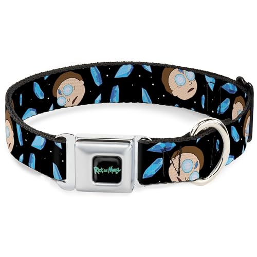 Rick and Morty Hundehalsband, Metall-Sicherheitsgurtschnalle, Rick and Morty Death Crystals Morty Expression Schwarz-Blau, 40,6 bis 58,9 cm, 3,8 cm breit von Buckle-Down