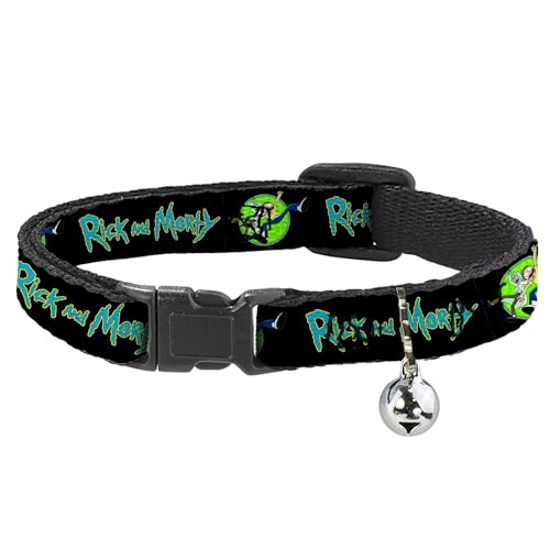 Rick and Morty Katzenhalsband, Breakaway-Halsband mit Glocke, Rick and Morty Titellogo und Portalpose, Schwarz, 21,6 cm bis 30,5 cm, 1,3 cm breit von Buckle-Down